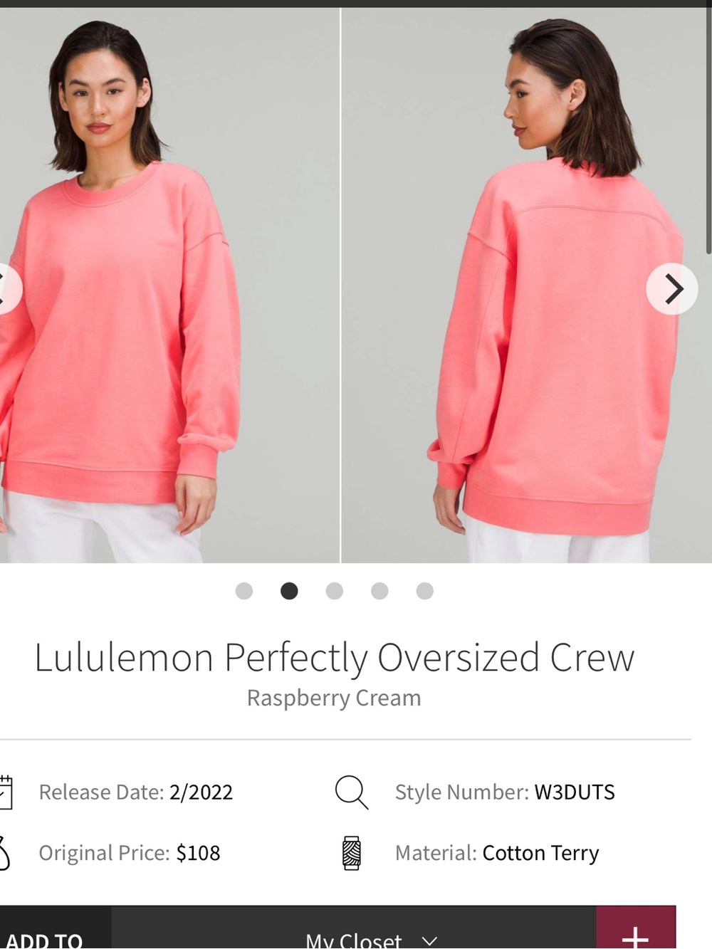 196-$55 *FREE SHIP* Lululemon Perfectly Oversized Crew Raspberry Cream size 4